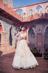 Beige Net & Viscose Georgette 3D Floral Embroidered Lehenga Set